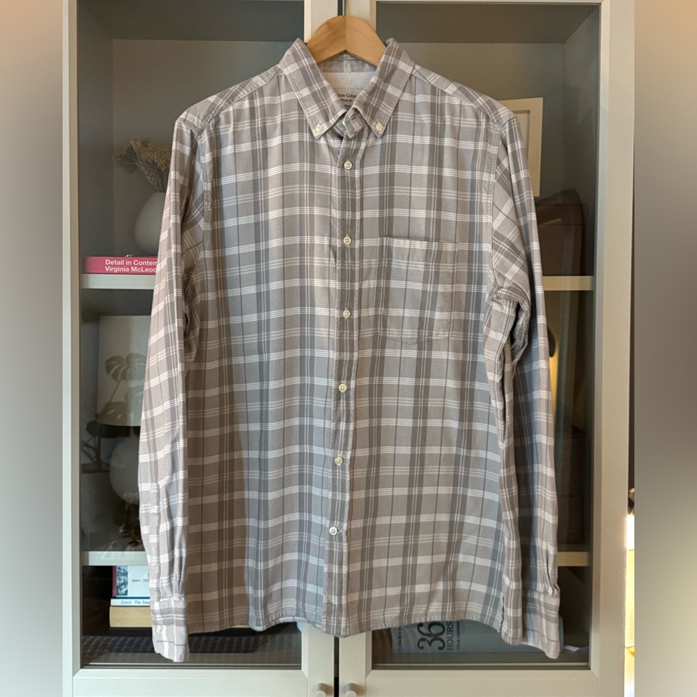Officine Generale Plaid Flannel L-Sleeve Button Up, Gray/White, Size L